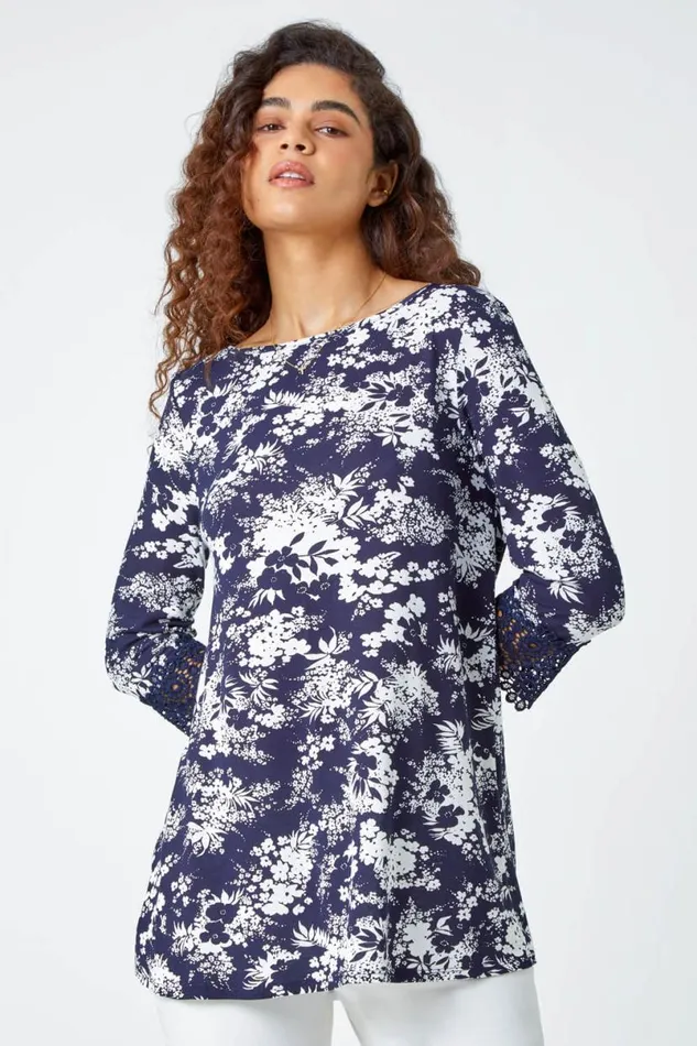 Navy Floral Lace Trim Stretch Top Women Roman Tops