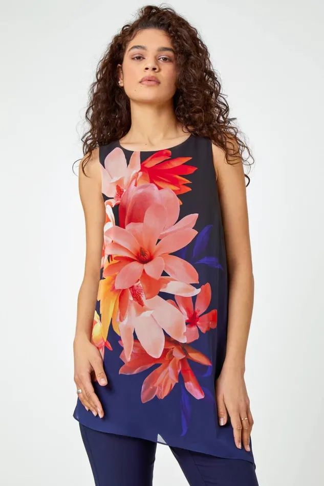 Navy Floral Print Asymmetric Chiffon Tunic Top Women Roman Tops