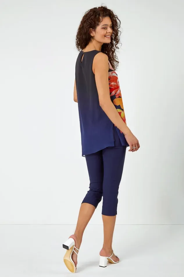 Navy Floral Print Asymmetric Chiffon Tunic Top Women Roman Tops