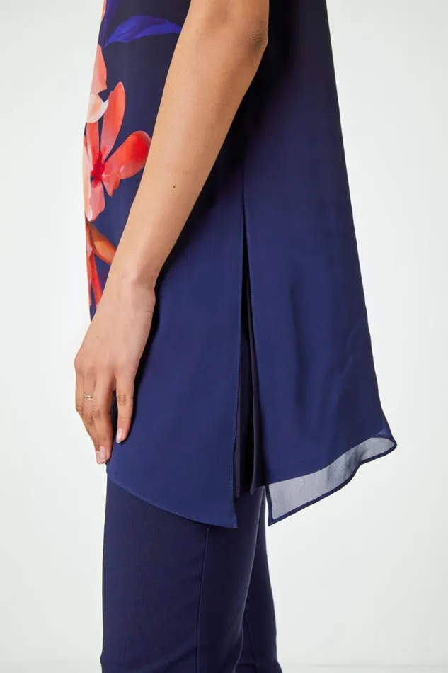 Navy Floral Print Asymmetric Chiffon Tunic Top Women Roman Tops