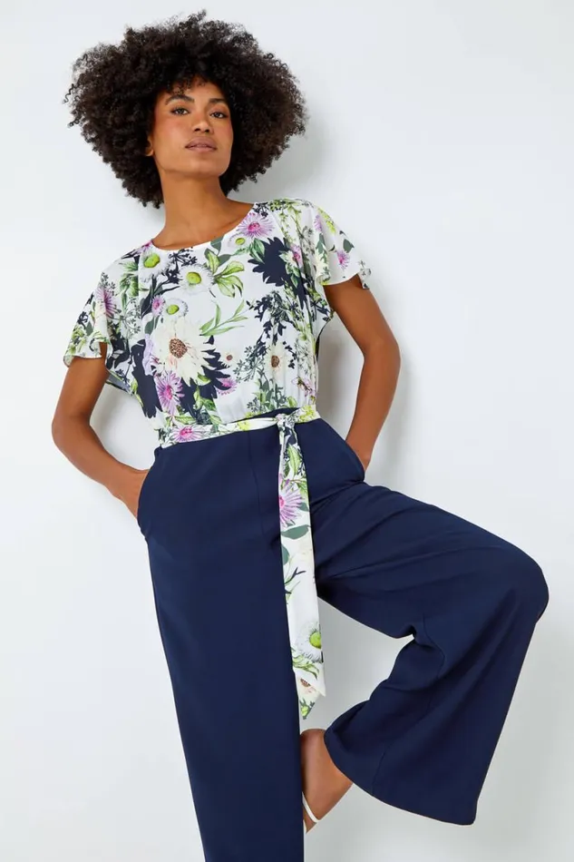 Navy Floral Print Contrast Jumpsuit Women Roman Dresses