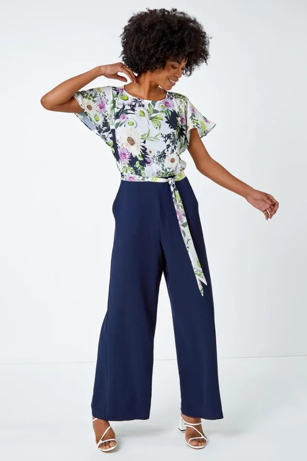 Navy Floral Print Contrast Jumpsuit Women Roman Dresses