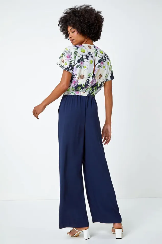 Navy Floral Print Contrast Jumpsuit Women Roman Dresses