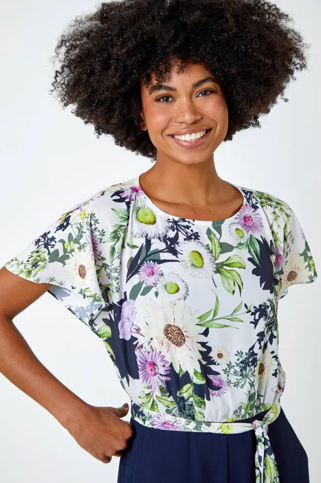 Navy Floral Print Contrast Jumpsuit Women Roman Dresses