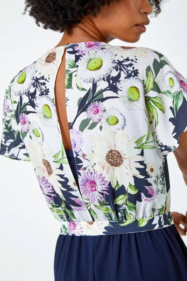 Navy Floral Print Contrast Jumpsuit Women Roman Dresses