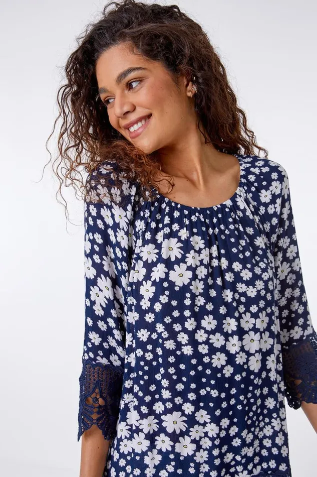 Navy Floral Print Lace Trim Top Women Roman Tops