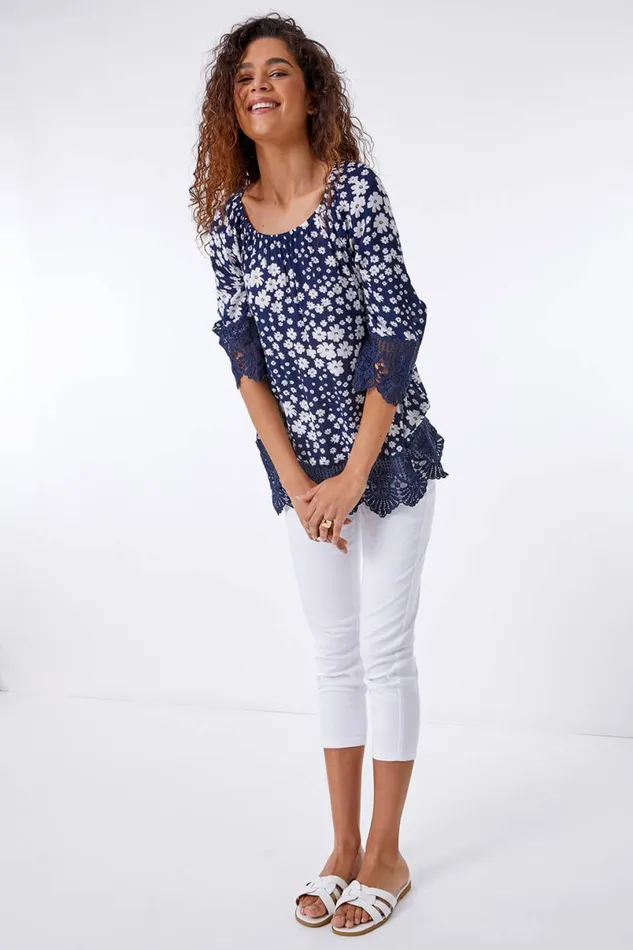 Navy Floral Print Lace Trim Top Women Roman Tops