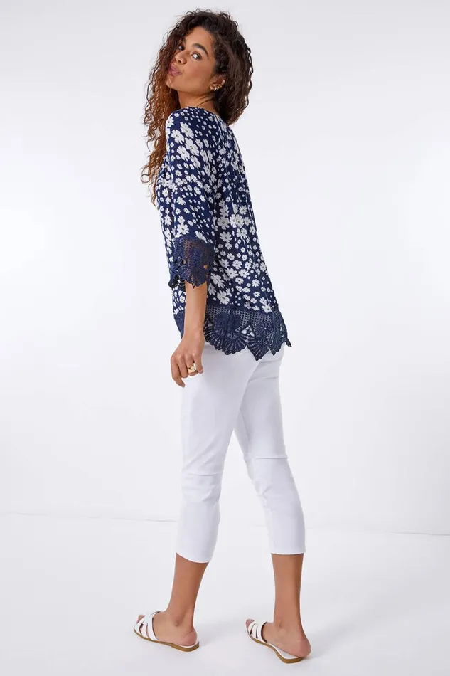 Navy Floral Print Lace Trim Top Women Roman Tops