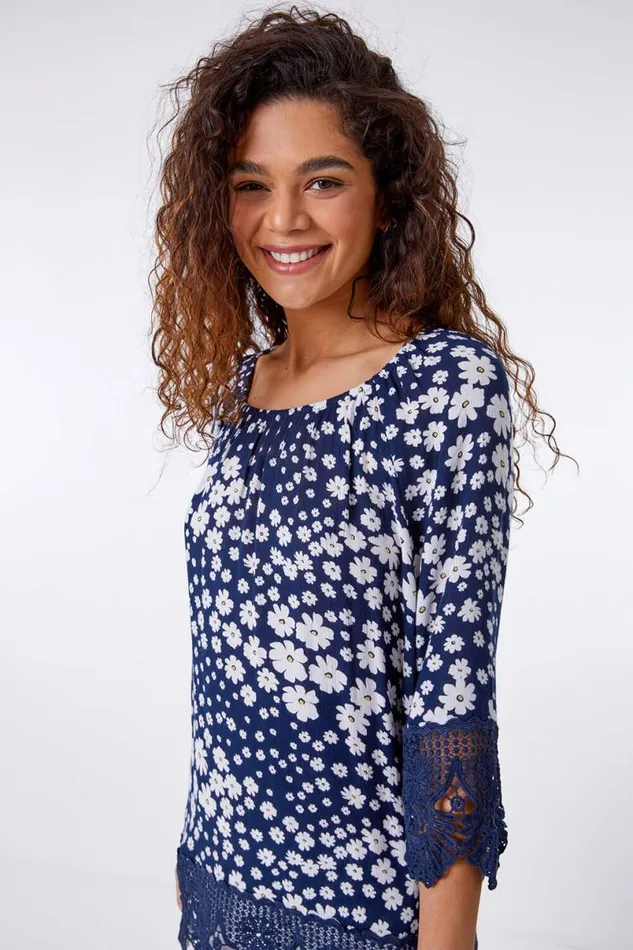 Navy Floral Print Lace Trim Top Women Roman Tops