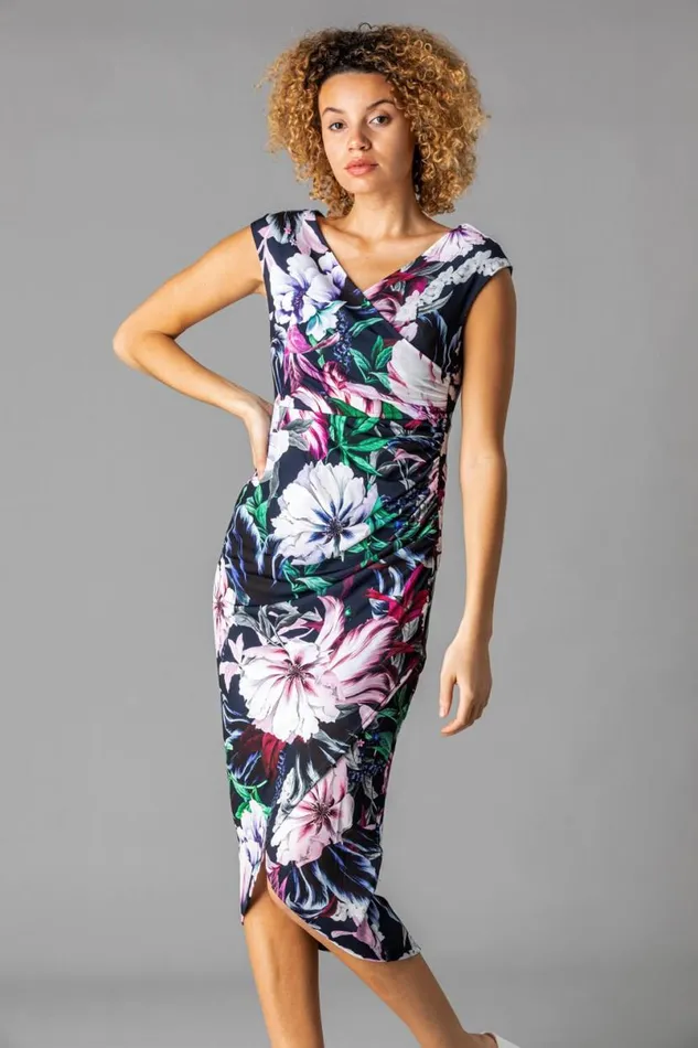 Navy Floral Print Ruched Wrap Dress Women Roman Dresses