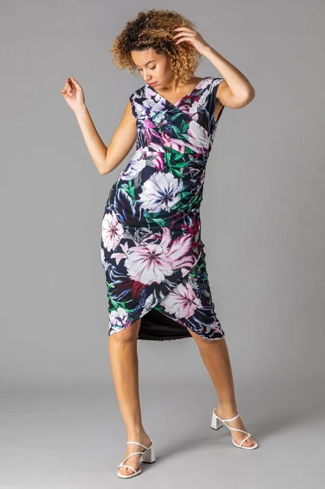 Navy Floral Print Ruched Wrap Dress Women Roman Dresses