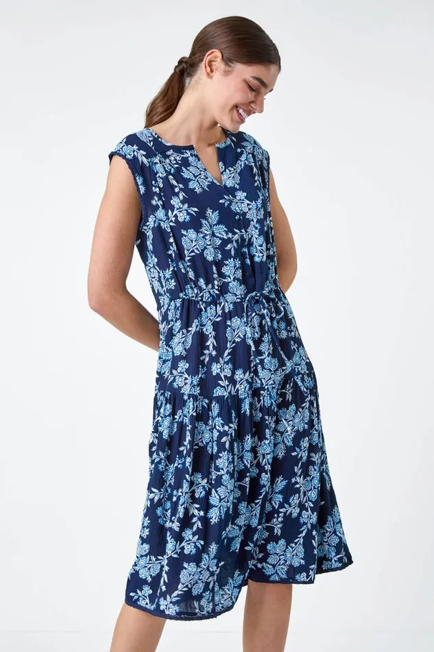 Navy Floral Print Tiered Woven Dress Women Roman Dresses