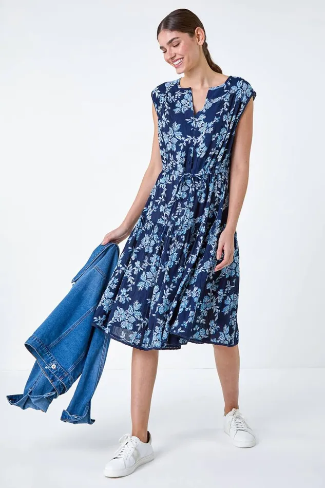 Navy Floral Print Tiered Woven Dress Women Roman Dresses