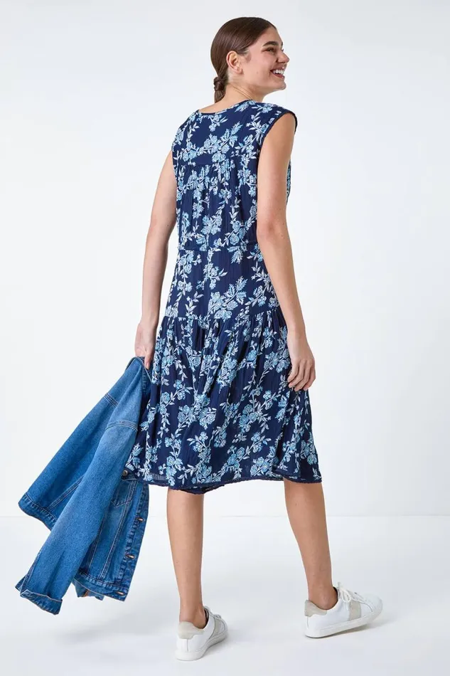 Navy Floral Print Tiered Woven Dress Women Roman Dresses