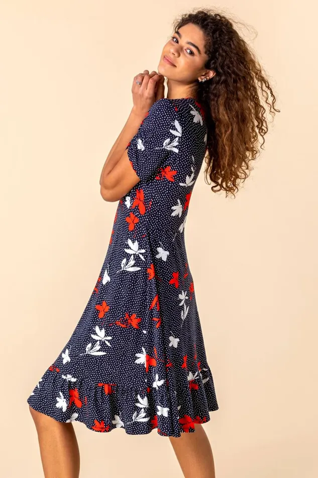 Navy Floral Spot Print Frill Stretch Dress Women Roman Dresses