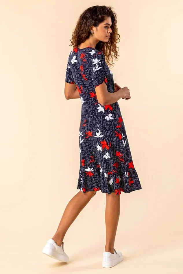 Navy Floral Spot Print Frill Stretch Dress Women Roman Dresses