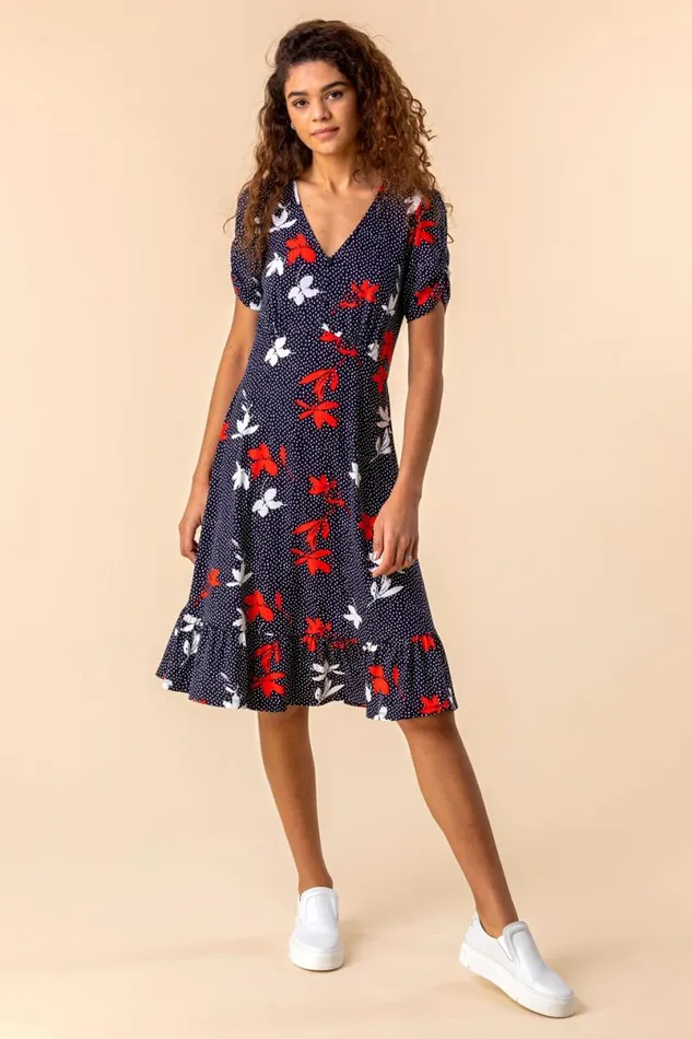 Navy Floral Spot Print Frill Stretch Dress Women Roman Dresses