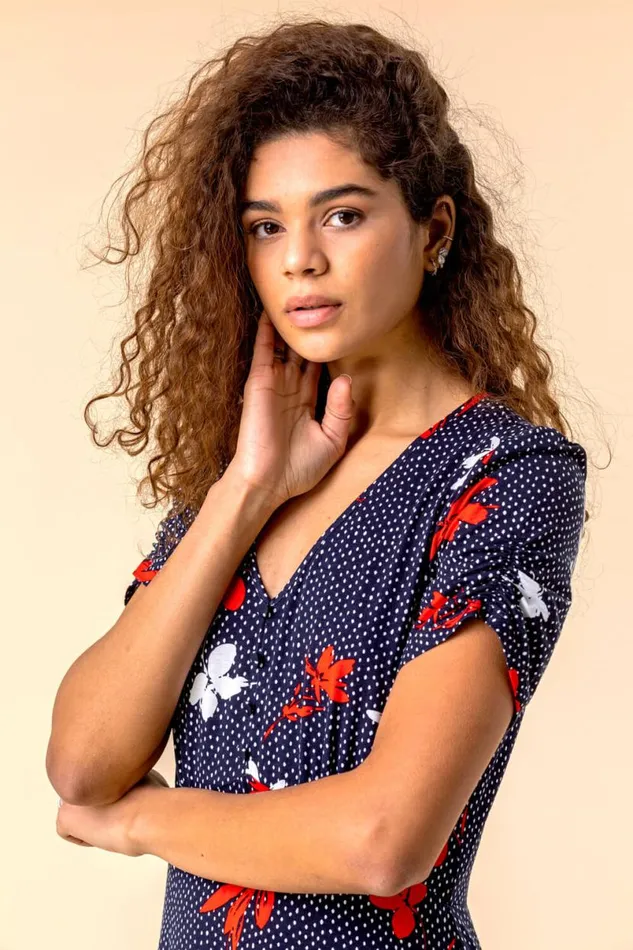 Navy Floral Spot Print Frill Stretch Dress Women Roman Dresses