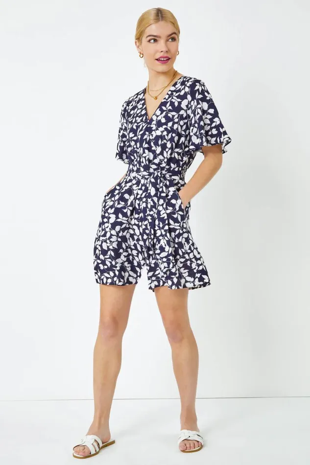 Navy Leaf Print Belted Wrap Playsuit Women Roman Dresses