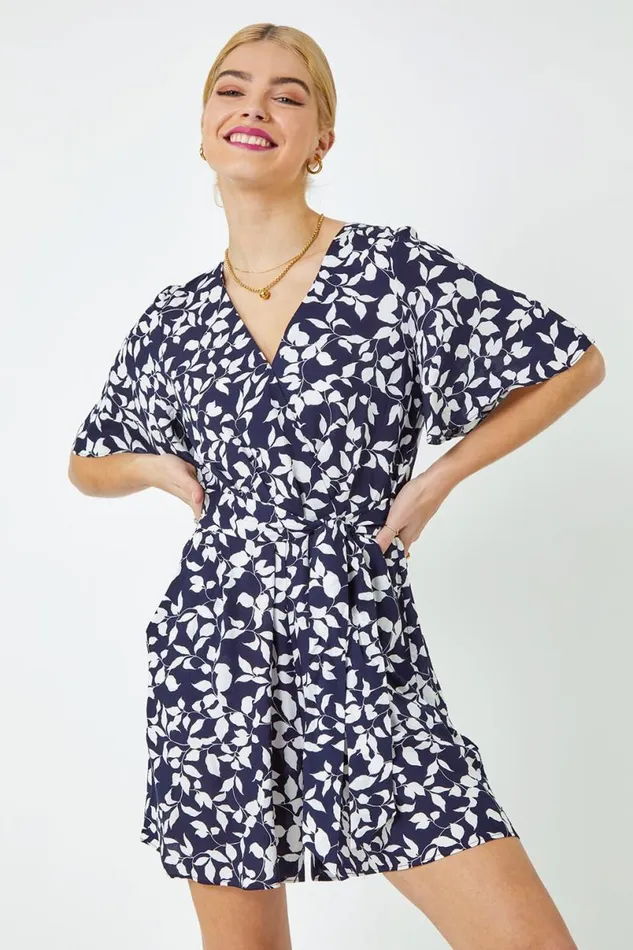 Navy Leaf Print Belted Wrap Playsuit Women Roman Dresses
