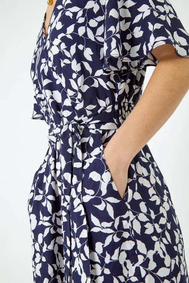 Navy Leaf Print Belted Wrap Playsuit Women Roman Dresses