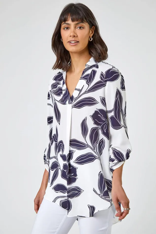 Navy Linear Floral Print Overshirt Women Roman Tops