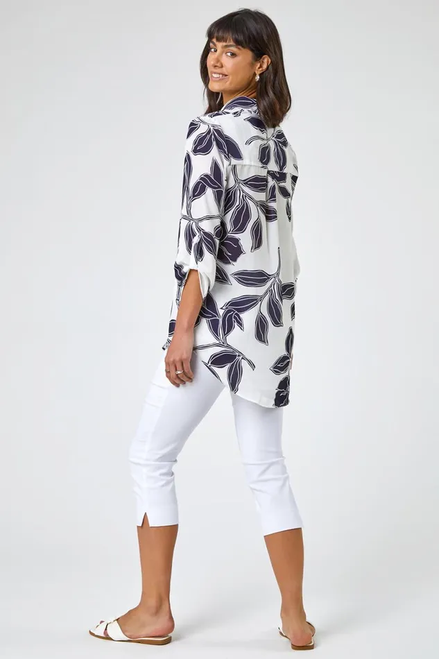 Navy Linear Floral Print Overshirt Women Roman Tops