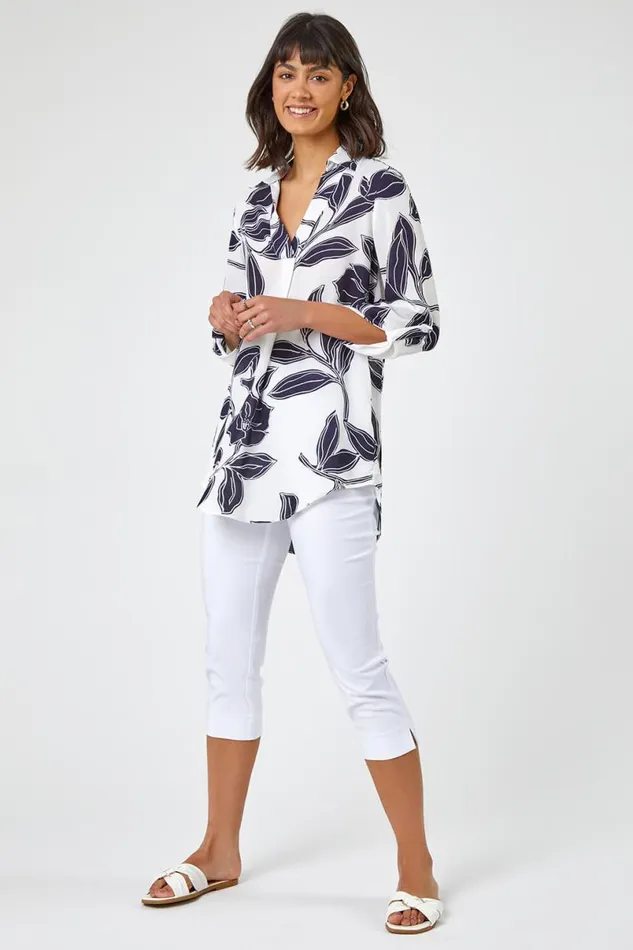 Navy Linear Floral Print Overshirt Women Roman Tops