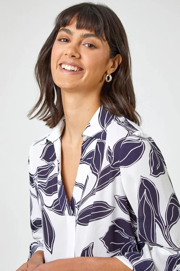 Navy Linear Floral Print Overshirt Women Roman Tops