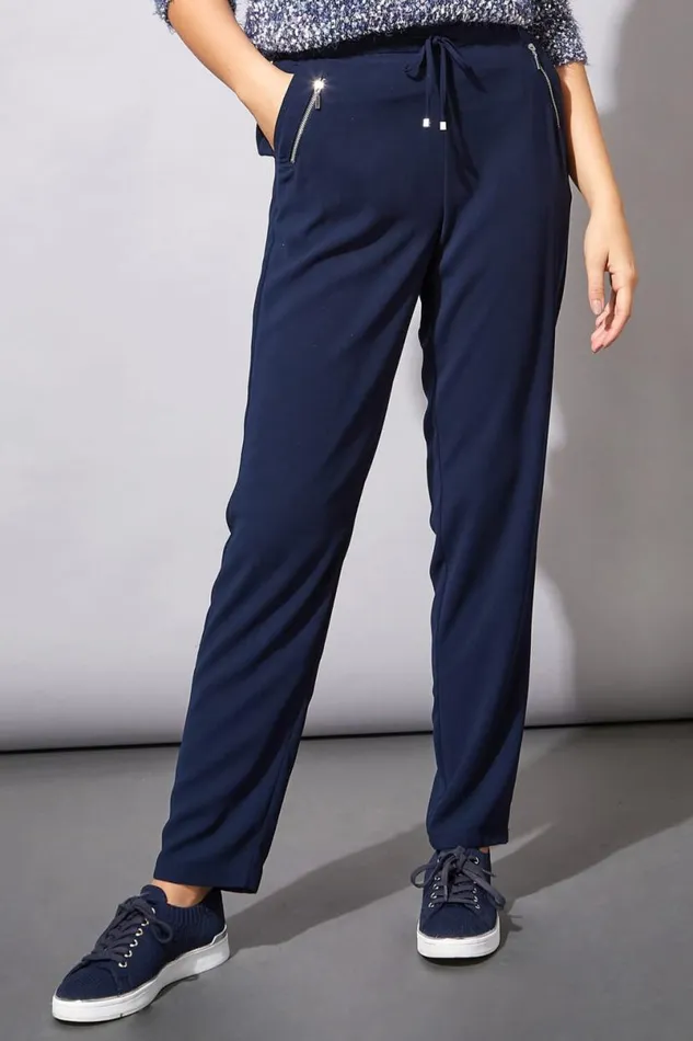 Navy Long 31 Inch Elastic Waist Tie Front Jogger Women Roman Trousers
