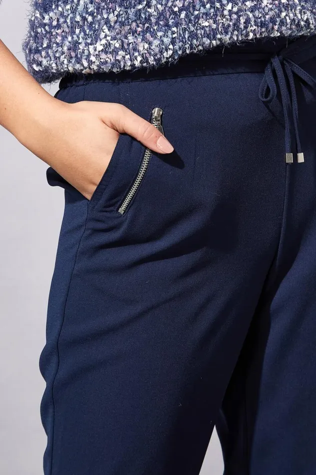 Navy Long 31 Inch Elastic Waist Tie Front Jogger Women Roman Trousers