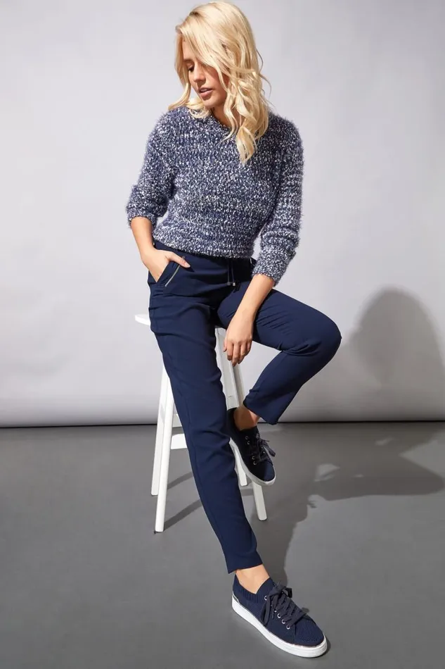 Navy Long 31 Inch Elastic Waist Tie Front Jogger Women Roman Trousers