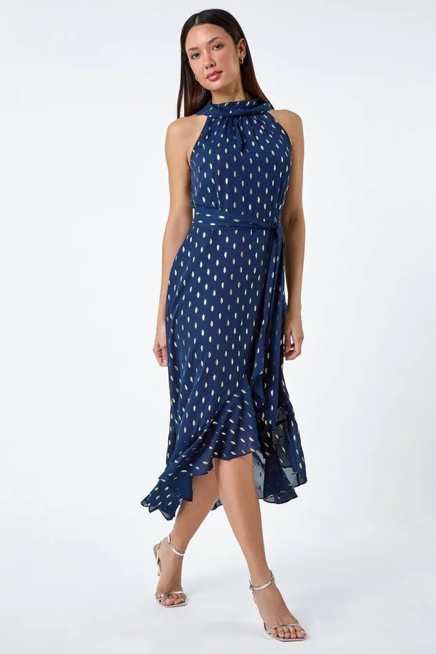 Navy Metallic Foil Spot Halter Neck Midi Dress Women Roman Dresses