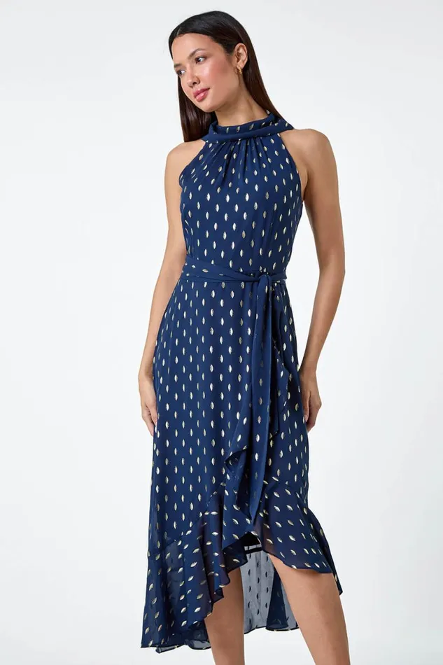 Navy Metallic Foil Spot Halter Neck Midi Dress Women Roman Dresses