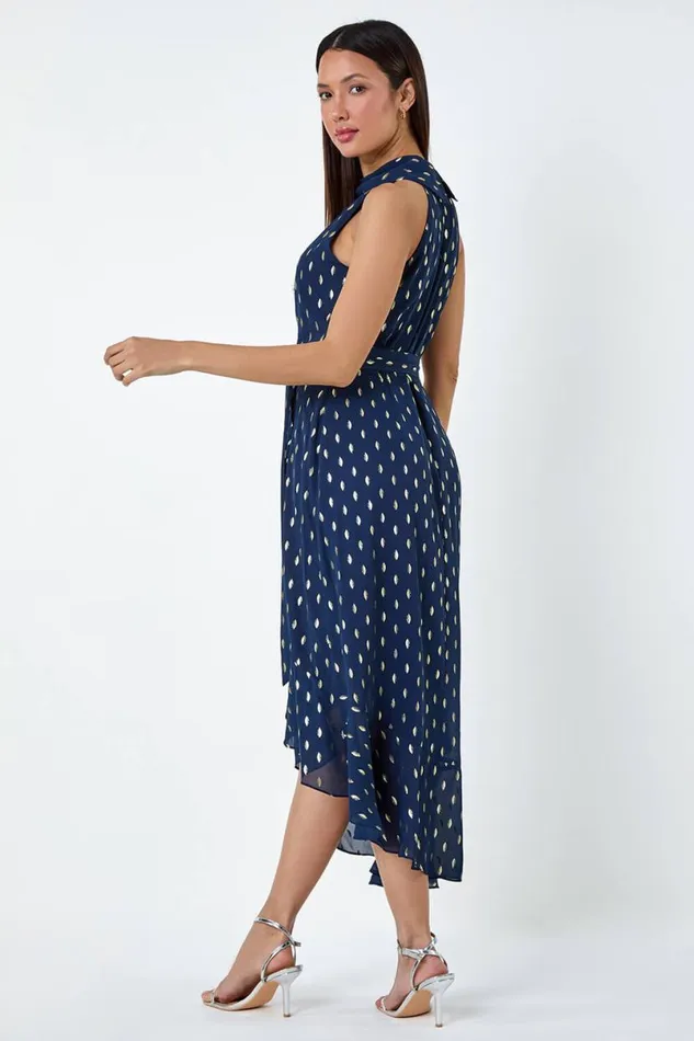 Navy Metallic Foil Spot Halter Neck Midi Dress Women Roman Dresses