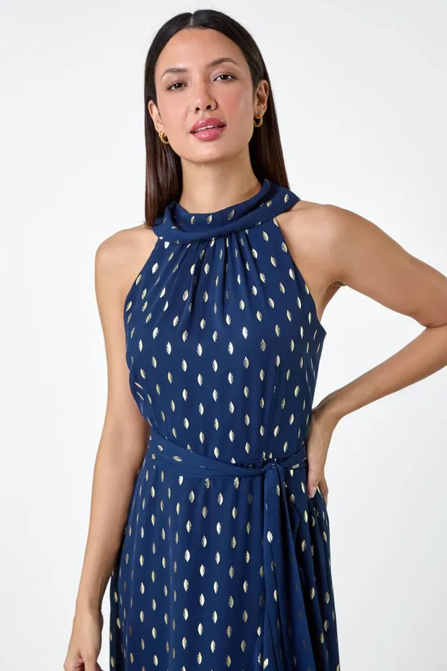 Navy Metallic Foil Spot Halter Neck Midi Dress Women Roman Dresses