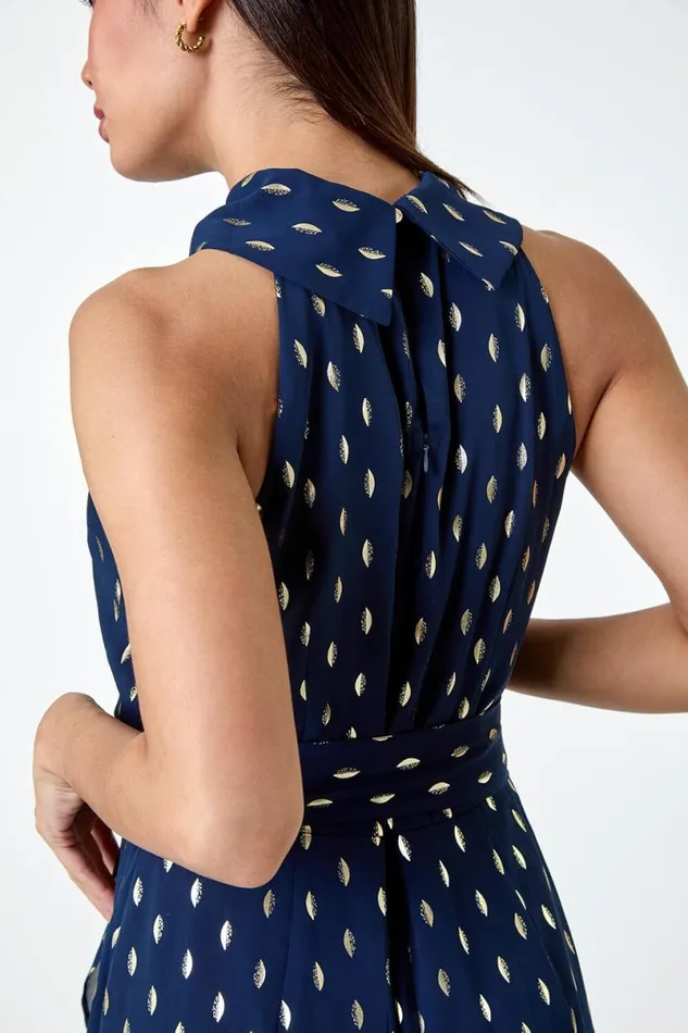 Navy Metallic Foil Spot Halter Neck Midi Dress Women Roman Dresses