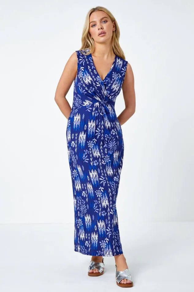 Navy Petite Aztec Waist Detail Stretch Dress Women Roman Dresses