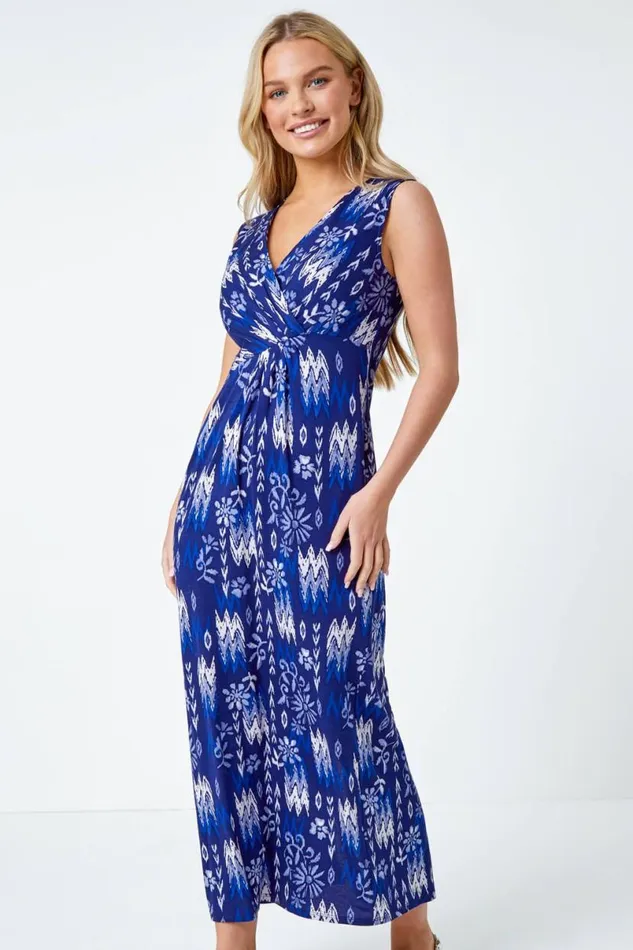 Navy Petite Aztec Waist Detail Stretch Dress Women Roman Dresses