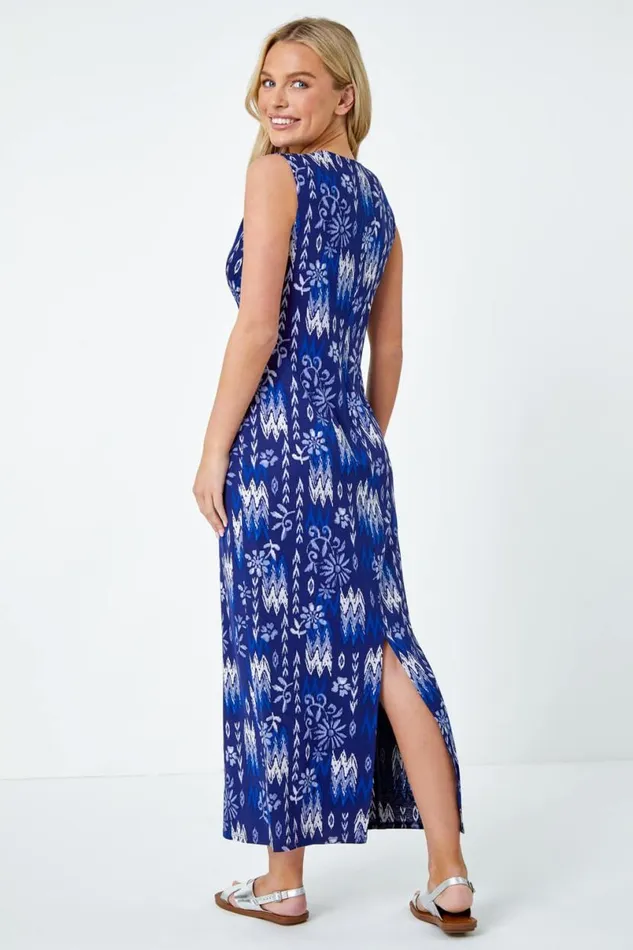 Navy Petite Aztec Waist Detail Stretch Dress Women Roman Dresses