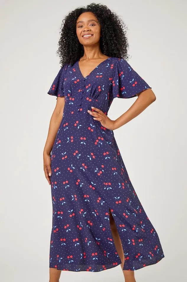 Navy Petite Cherry Spot Print Fit and Flare Dress Women Roman Dresses