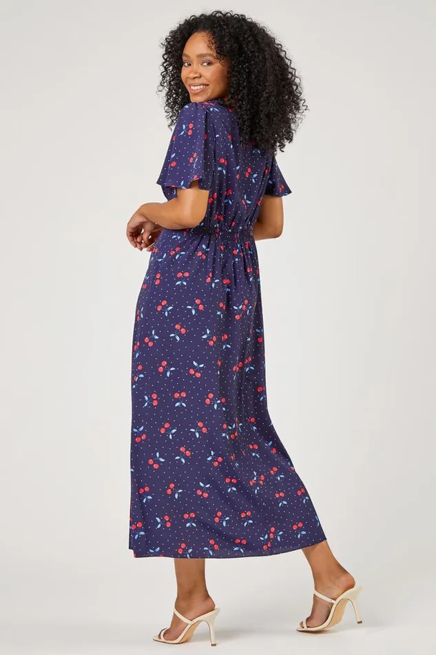 Navy Petite Cherry Spot Print Fit and Flare Dress Women Roman Dresses
