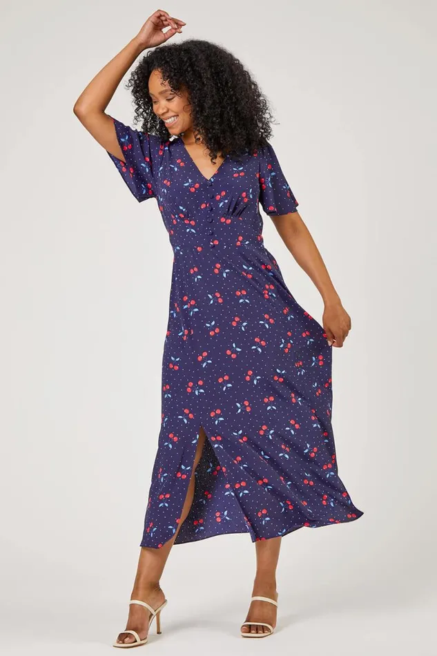 Navy Petite Cherry Spot Print Fit and Flare Dress Women Roman Dresses