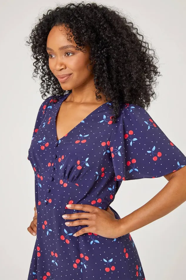 Navy Petite Cherry Spot Print Fit and Flare Dress Women Roman Dresses