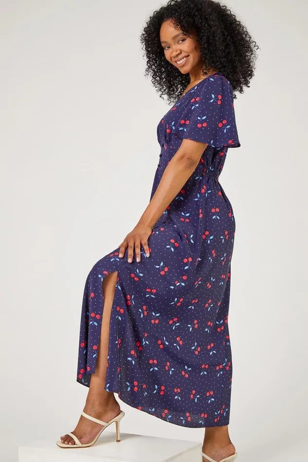 Navy Petite Cherry Spot Print Fit and Flare Dress Women Roman Dresses