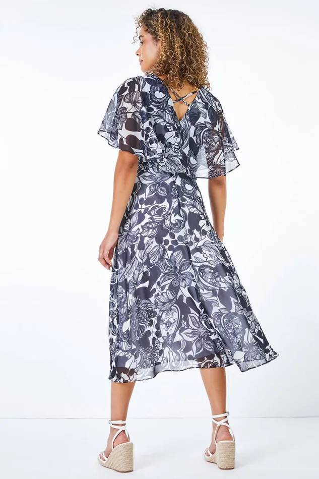 Navy Petite Floral Print Chiffon Cape Midi Dress Women Roman Dresses
