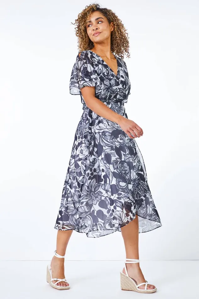 Navy Petite Floral Print Chiffon Cape Midi Dress Women Roman Dresses
