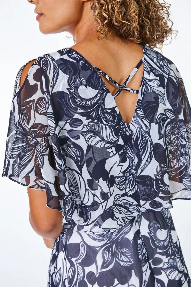 Navy Petite Floral Print Chiffon Cape Midi Dress Women Roman Dresses