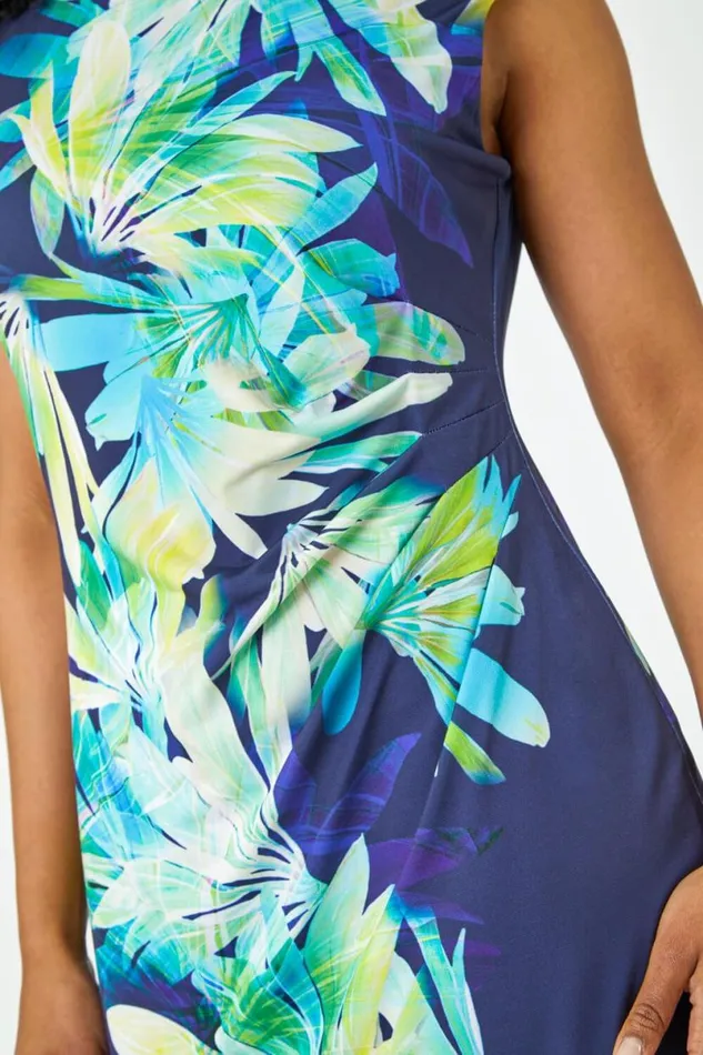 Navy Petite Floral Print Ruched Dress Women Roman Dresses