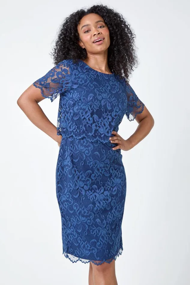 Navy Petite Lace Overlay Stretch Dress Women Roman Dresses